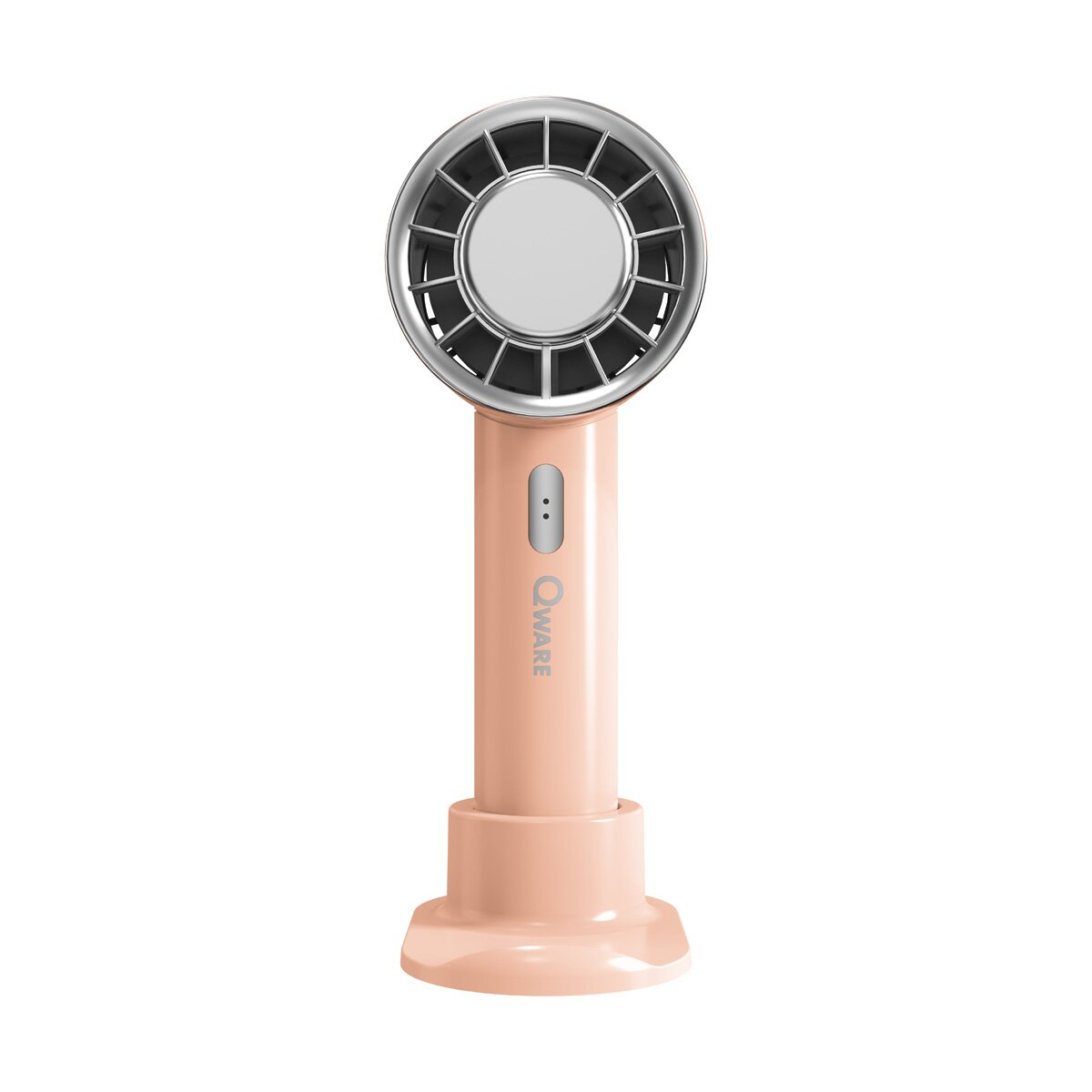 Ein hellpfirsichfarbener Handventilator mit Sockel und rundem Kopf.