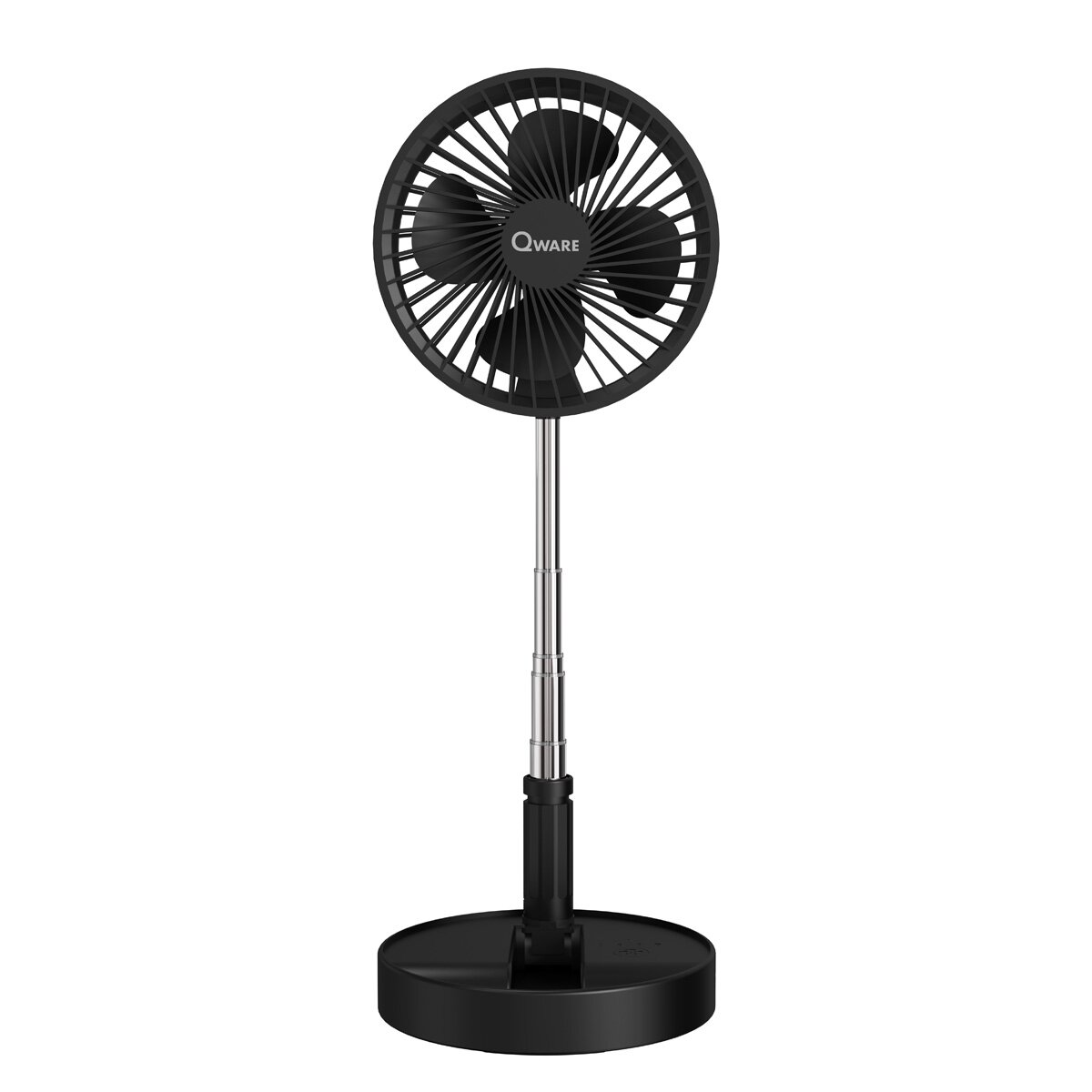 Ein schwarzer Ventilator mit drei Flügeln, schwarzem Sockel und Ständer.