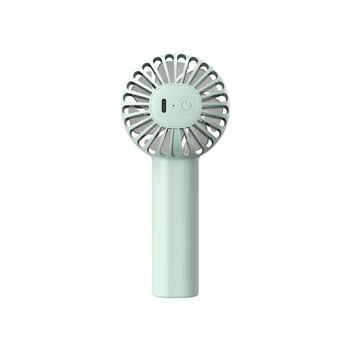 Ein minzgrüner Handventilator mit Griff und rundem Ventilatorkopf.