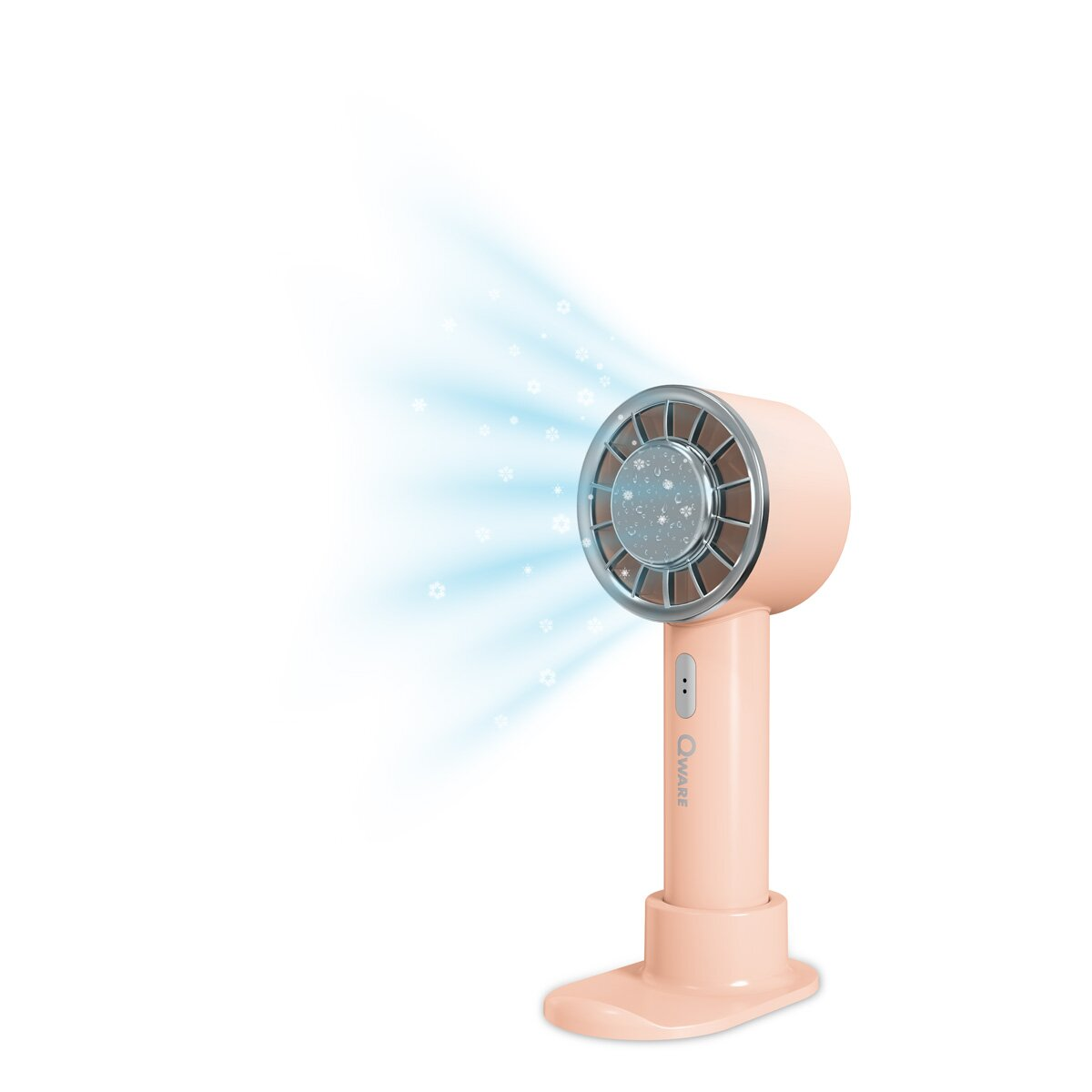 Pfirsichfarbener Handventilator mit Sockel, rundem Kopf und blauer Luft.