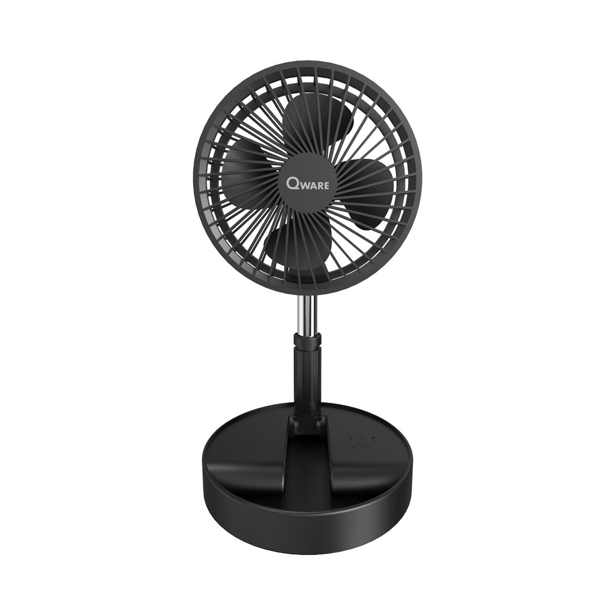 Ein schwarzer Ventilator mit drei Flügeln, schwarzem Sockel und Ständer.