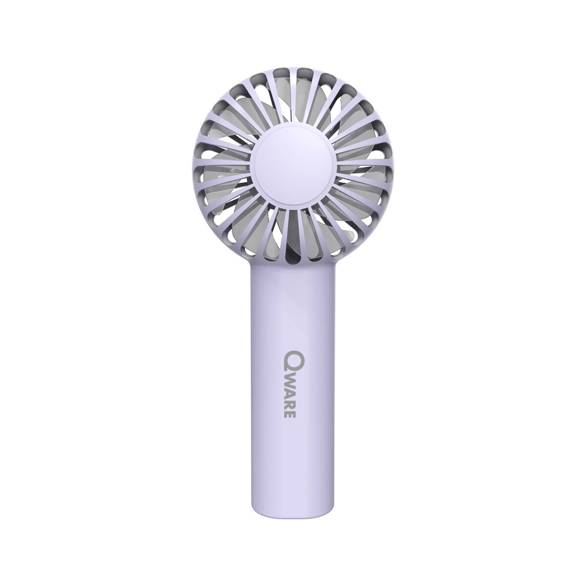 Ein lavendelfarbener Handventilator mit rundem Lüfterkopf und Griff. Der Markenname Qware ist aufgedruckt.