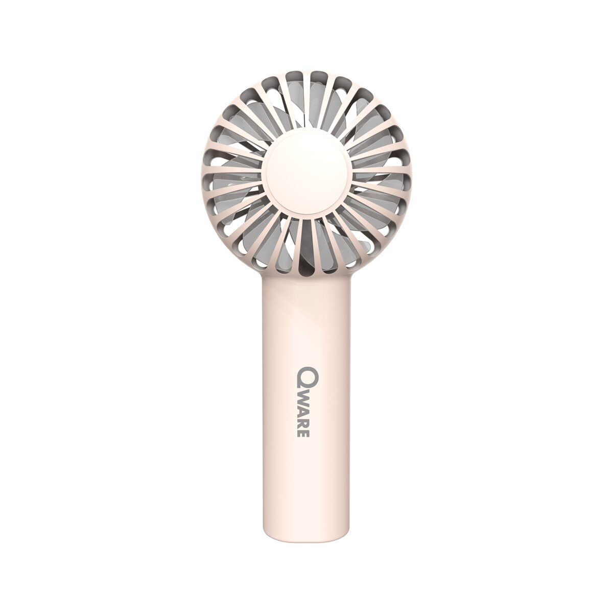 Ein rosa-weißer tragbarer Ventilator mit Flügeln, Griff und dem Markennamen 'Qware'.