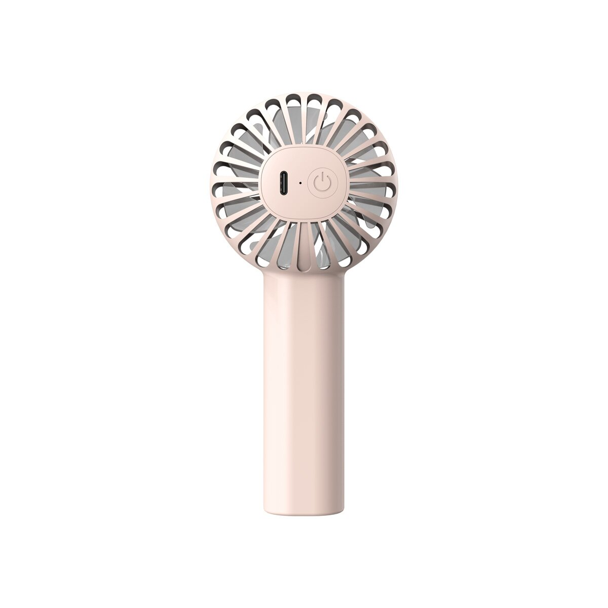 Ein rosa Handventilator mit rundem Lüfterschutz und langem Griff. Der Power-Knopf ist sichtbar.