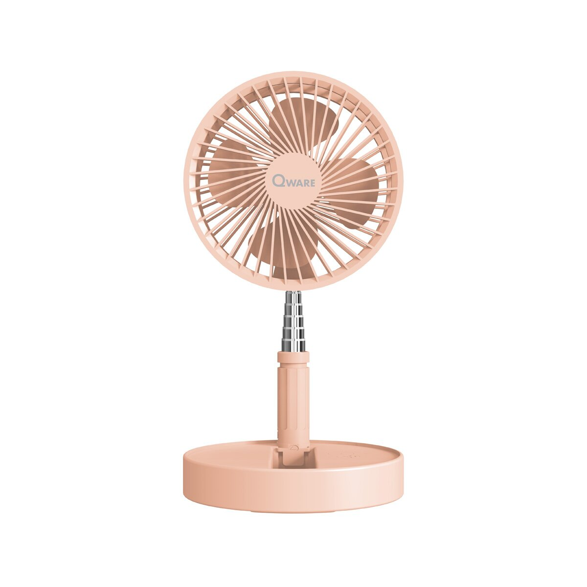 Ein rosa Qware-Ventilator mit Flügeln, Ständer und Basis.