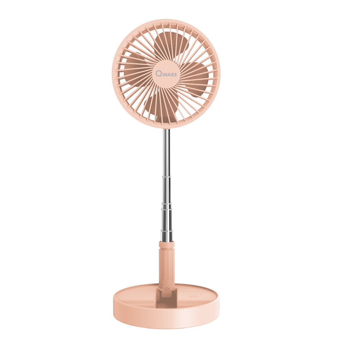 Ein stehender rosa Qware-Ventilator mit Flügeln, Ständer und Basis.