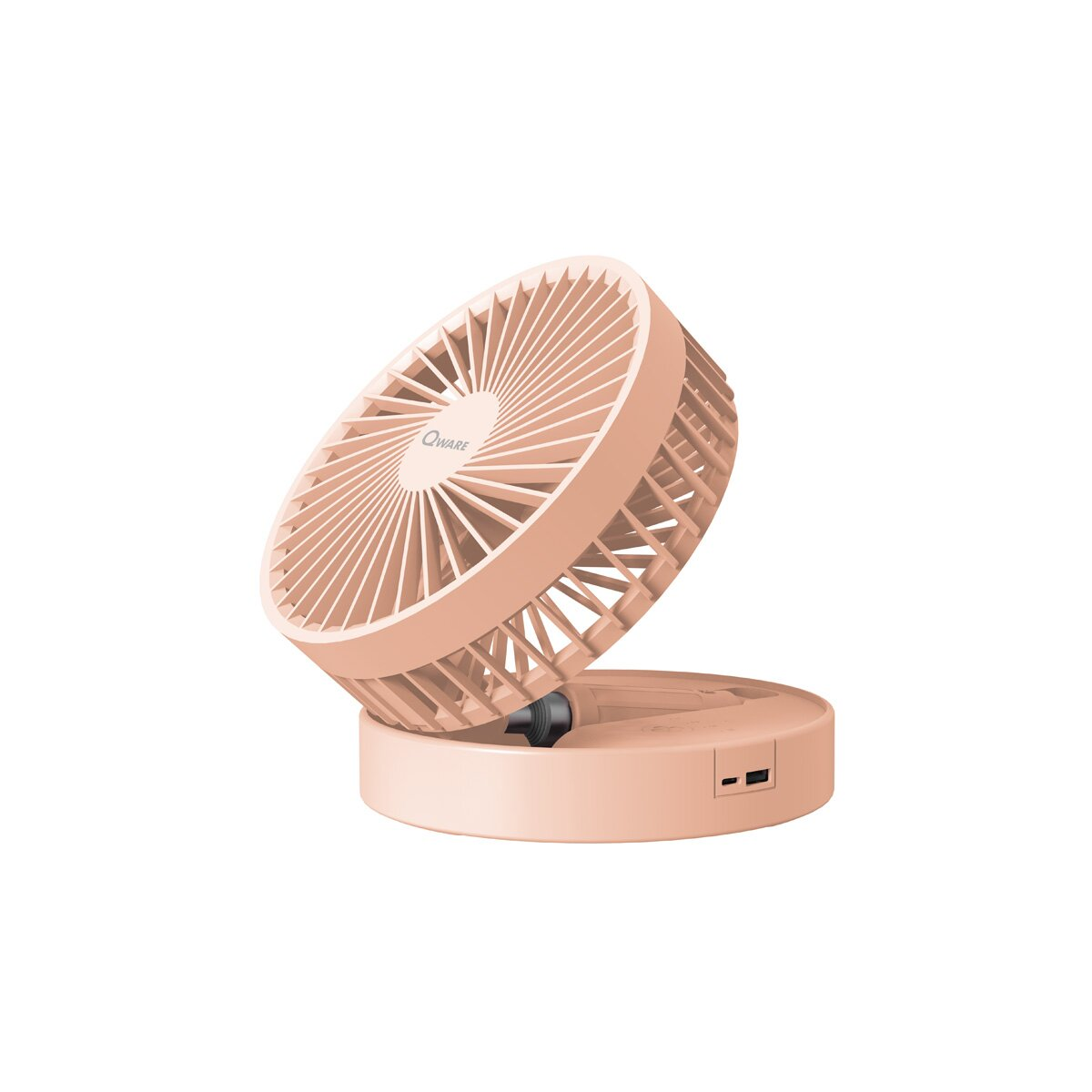 Ein rosa Qware-Ventilator, faltbar mit USB-Anschluss.