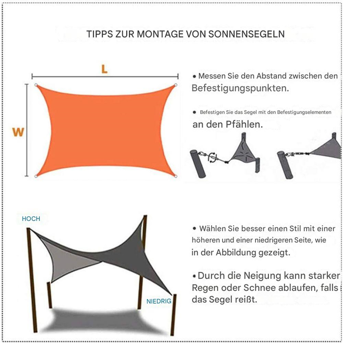 Anweisungen zur Installation eines Sonnensegels, mit Diagrammen, die Messungen und Installation zeigen.