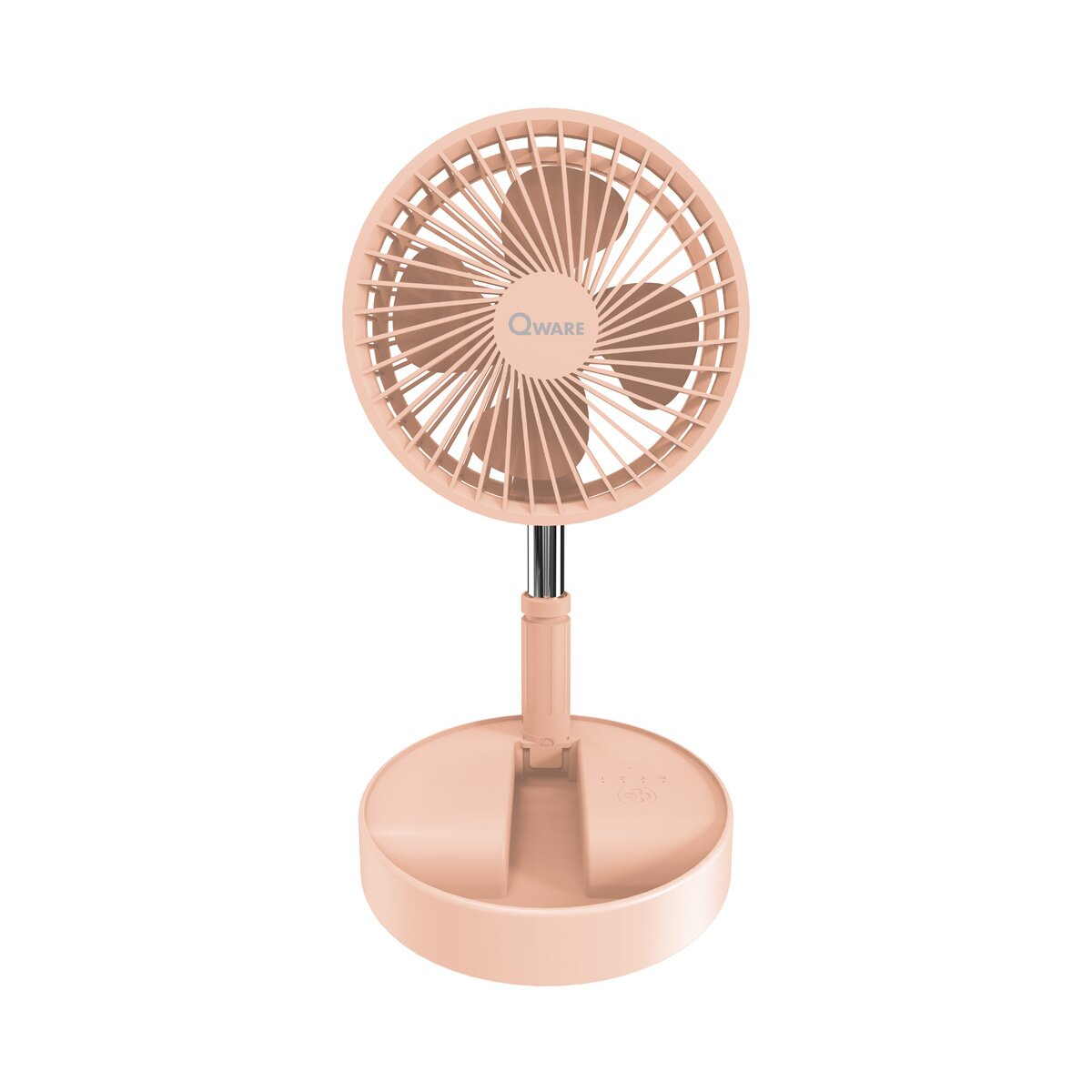 Ein rosa Qware-Ventilator mit Flügeln, Ständer und Basis.