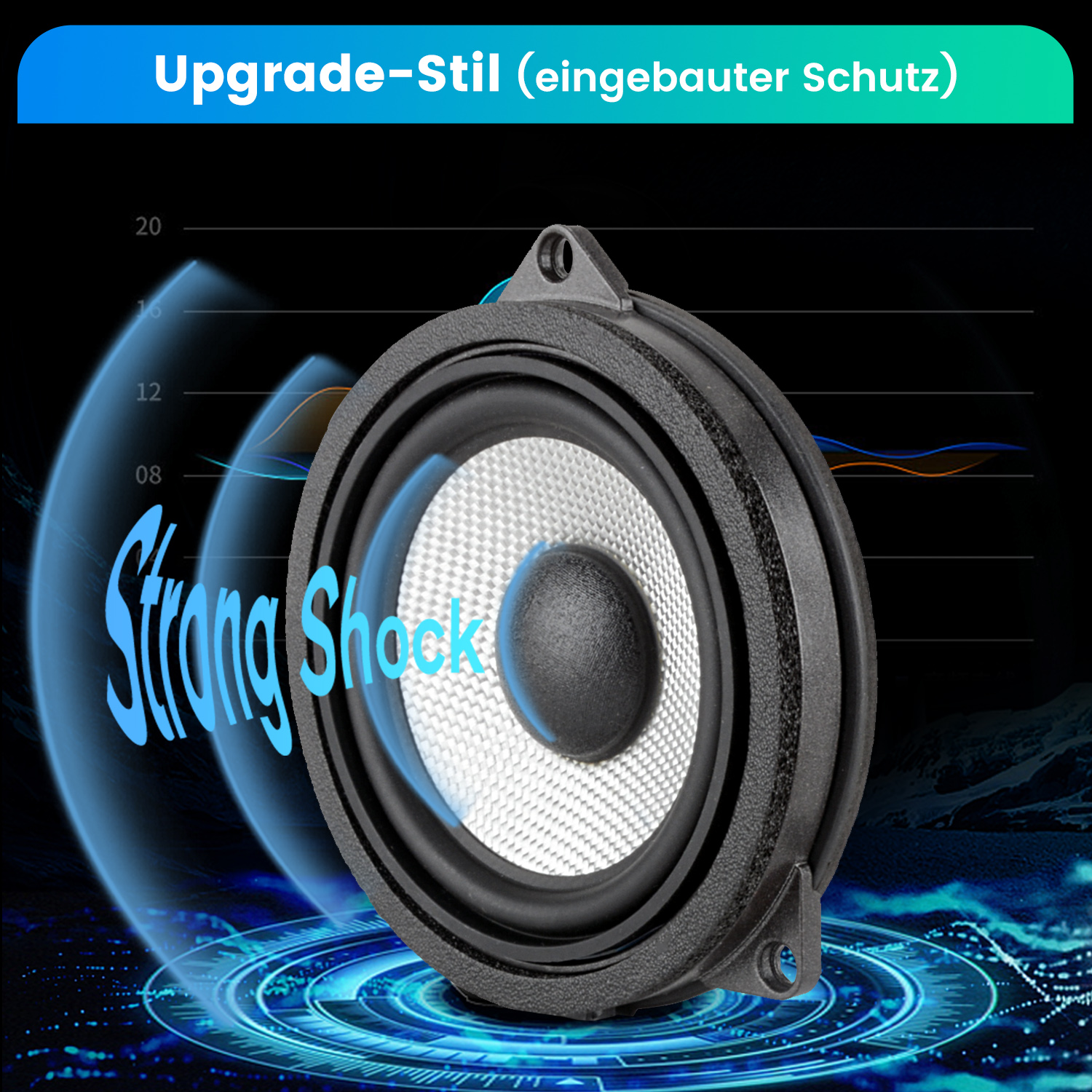 Ein Autolautsprecher mit dem Text „Strong Shock“ und dem Bild einer blauen Welle.