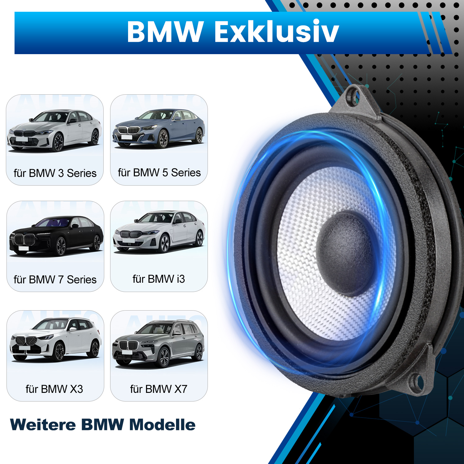 Das Bild zeigt einen Autolautsprecher mit BMW-Logo und Modellen.