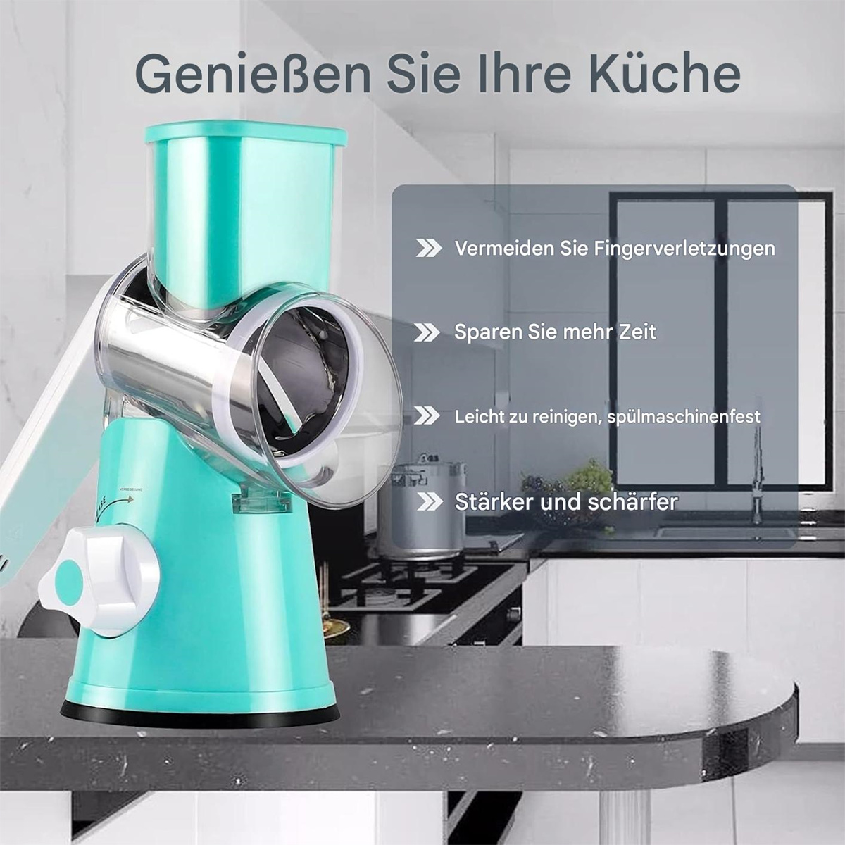 Küchengerät, ein Gemüseschneider, auf einer Theke mit Text der Vorteile.