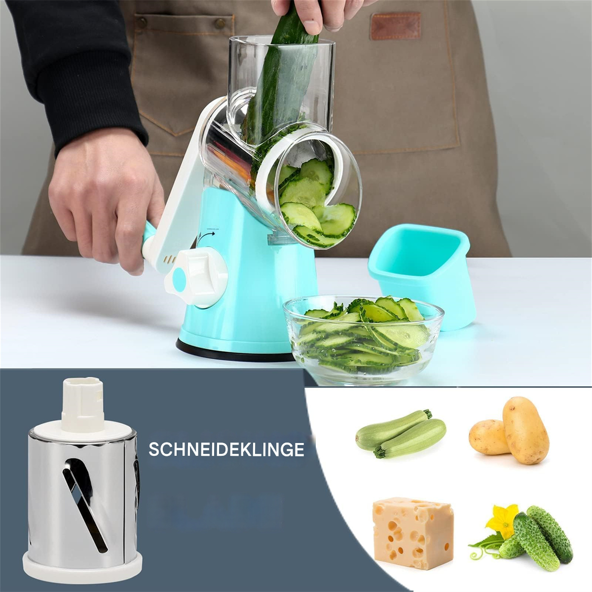 Eine Person schneidet eine Gurke mit einem Küchengerät in eine Schüssel.
