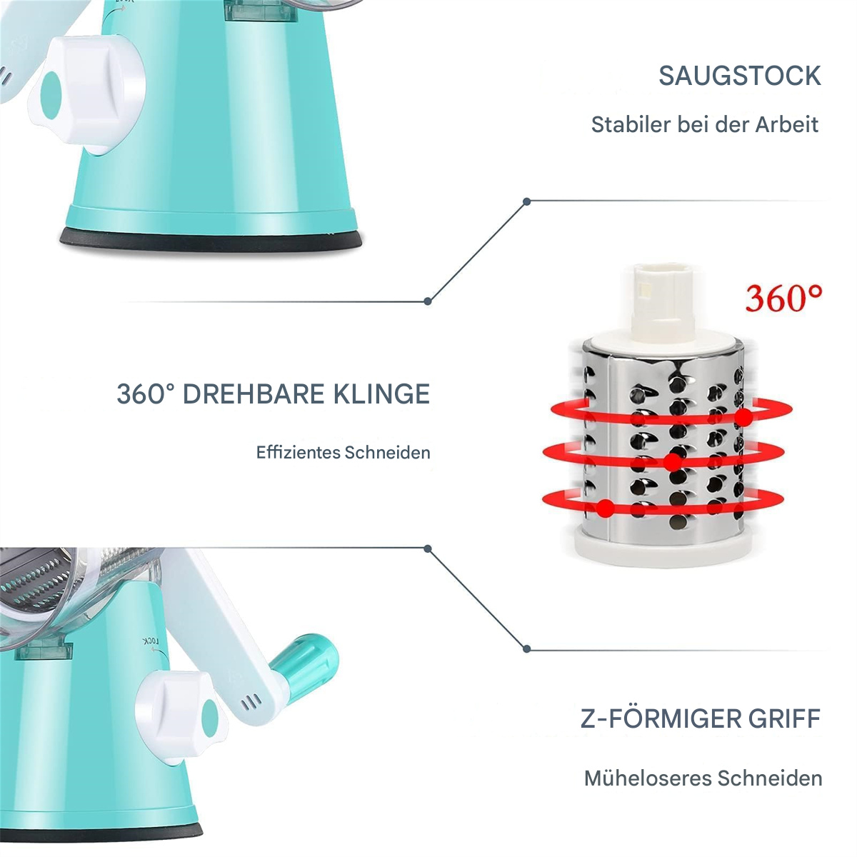 Nahaufnahme des Gemüseschneiders, mit Griff, Klinge und Boden.