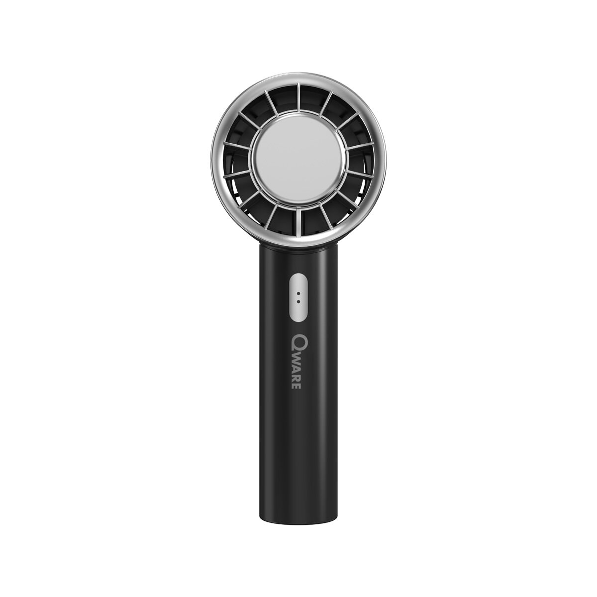 Un ventilatore portatile nero e argento con un pulsante.