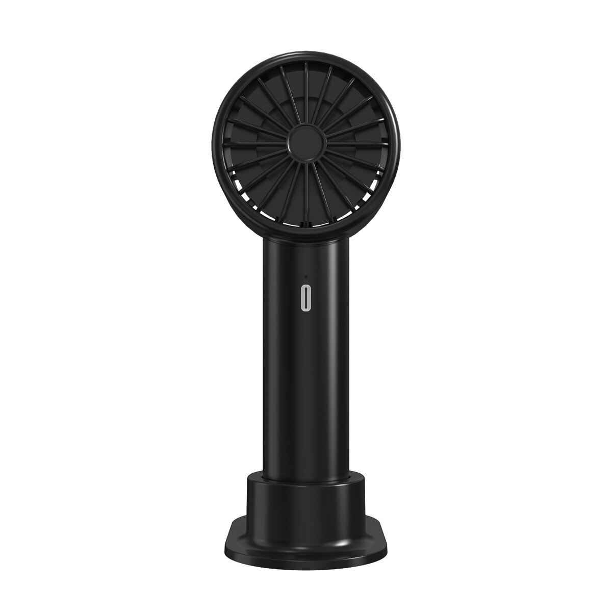 Ventilatore portatile nero con base. Il design è nero e circolare.