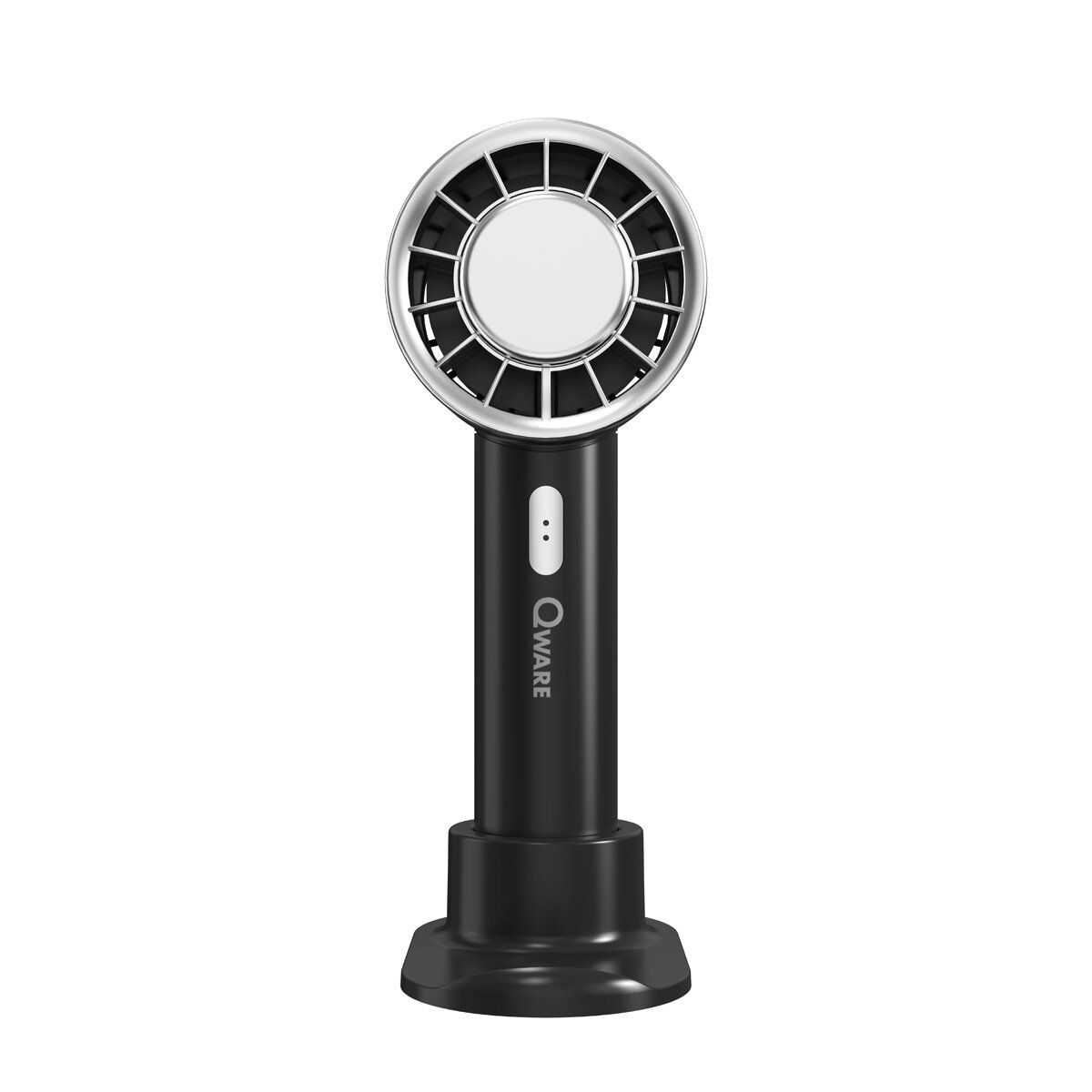 Ventilatore nero con base, pulsante bianco e luce bianca. Il ventilatore è su sfondo bianco.