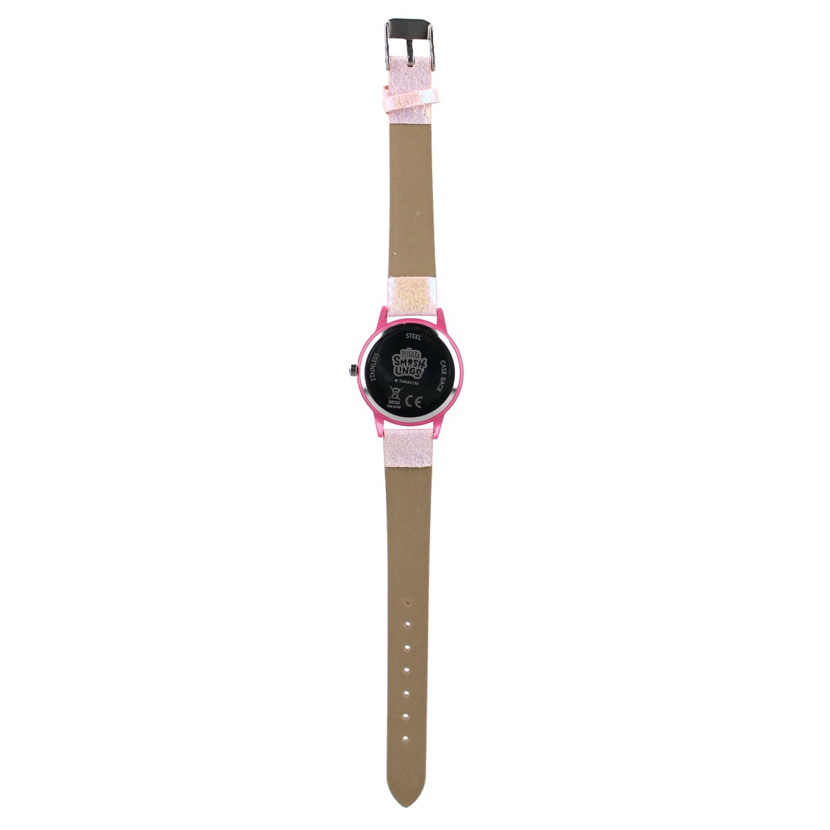 Rosa Uhr mit rosa Armband, Rückseite mit 'Steel' und 'Case Back'.