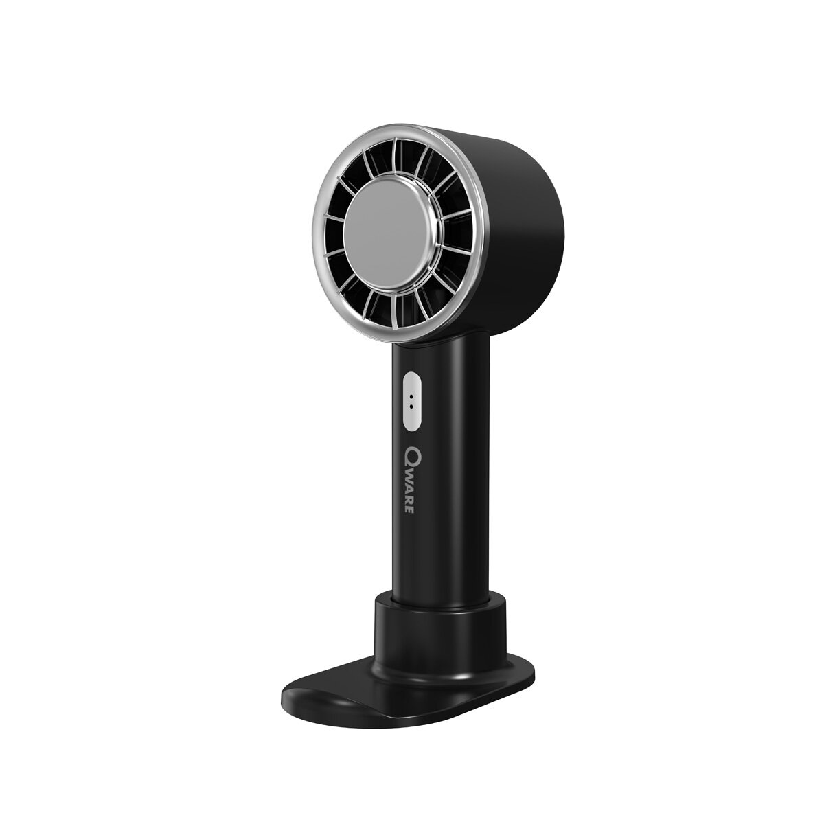 Un ventilatore portatile nero in piedi su una base nera.