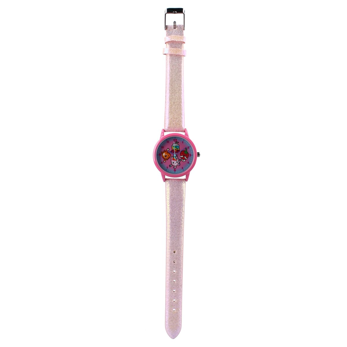 Eine rosa Uhr mit rosa Armband wird gezeigt. Die Uhr hat eine Zeichentrickfigur auf dem Zifferblatt.
