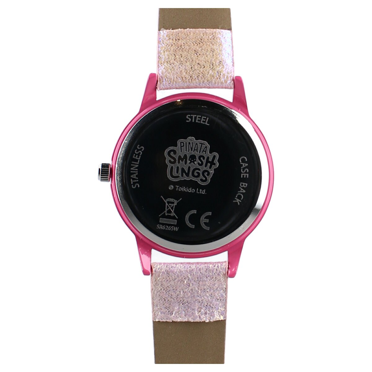 Rückseite einer rosa Uhr mit rosa Armband, Text und Logo.