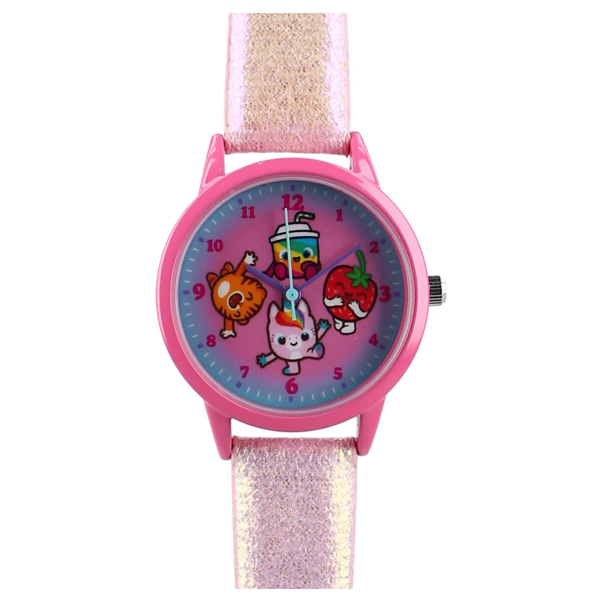 Eine rosa Uhr mit rosa Armband wird gezeigt. Die Uhr hat eine Zeichentrickfigur auf dem Zifferblatt.