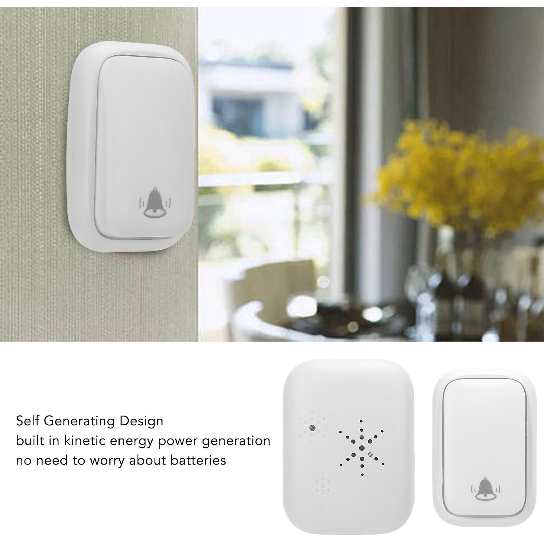 Weiße Türklingel an einer Wand. Text: selbsterzeugendes Design, kinetische Energie, keine Batterien.