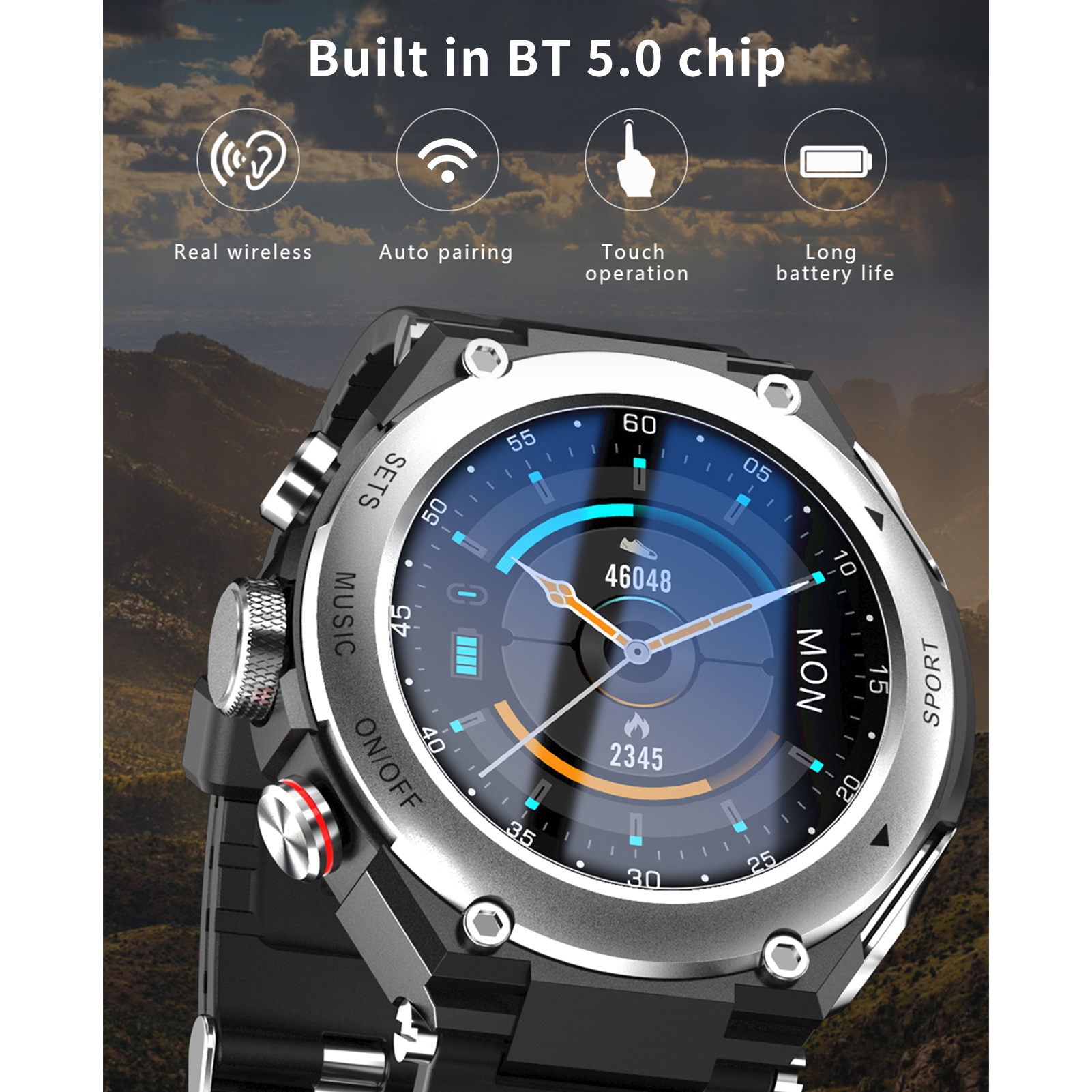 Smartwatch mit schwarzem Armband. Zeigt Zeit und Fitnessdaten an. Funktionen umfassen Touch-Bedienung und lange Akkulaufzeit.