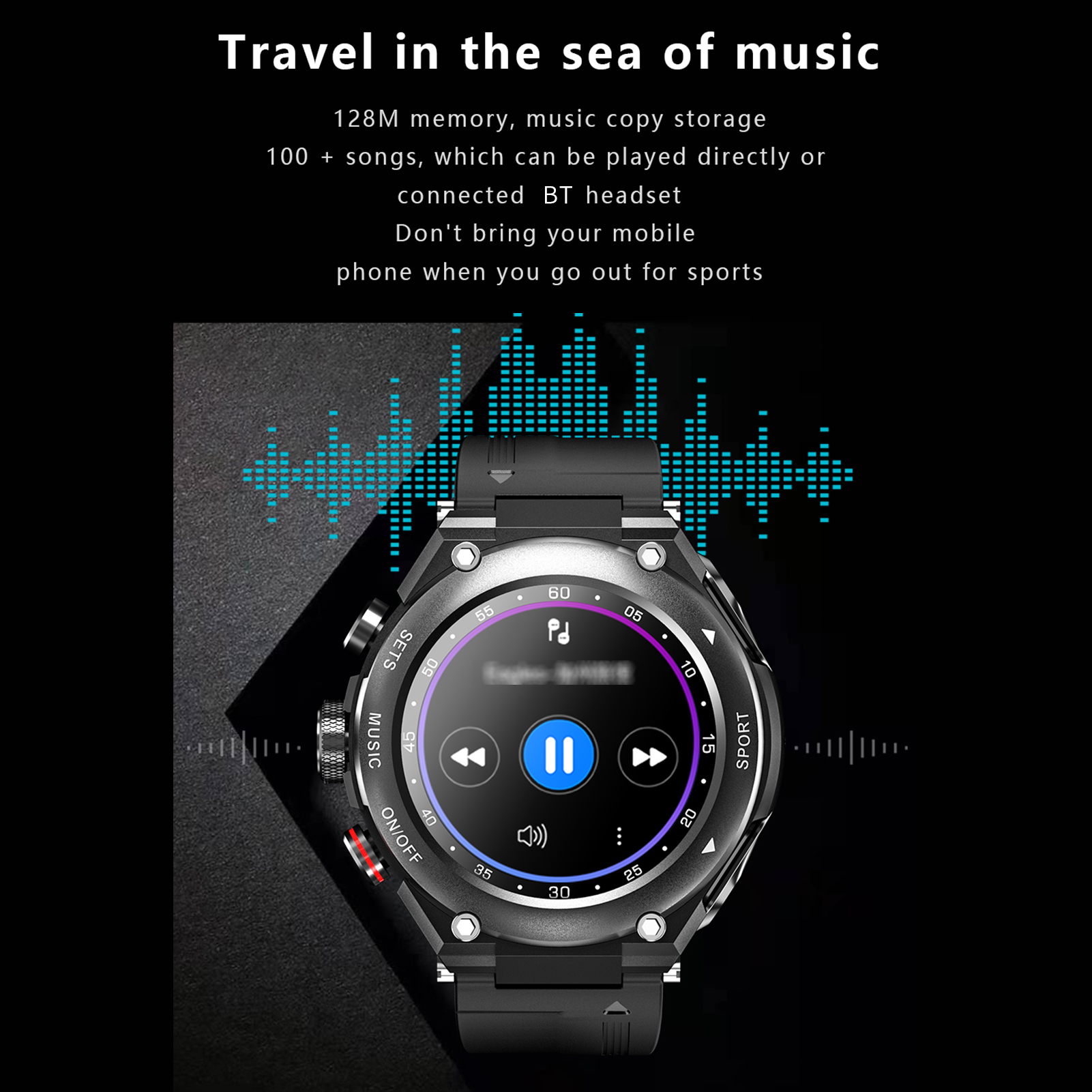 Schwarze Smartwatch mit Musik-Oberfläche. Zeigt Wiedergabe/Pause, Vorwärts- und Rückwärtstasten. Hintergrund mit Tonwellen.