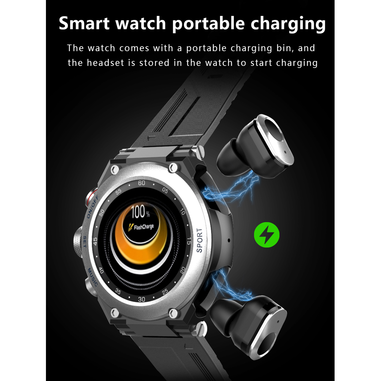 Eine Smartwatch mit Kopfhörern. Die Uhr befindet sich am Handgelenk und lädt, 100 % Akku wird angezeigt.