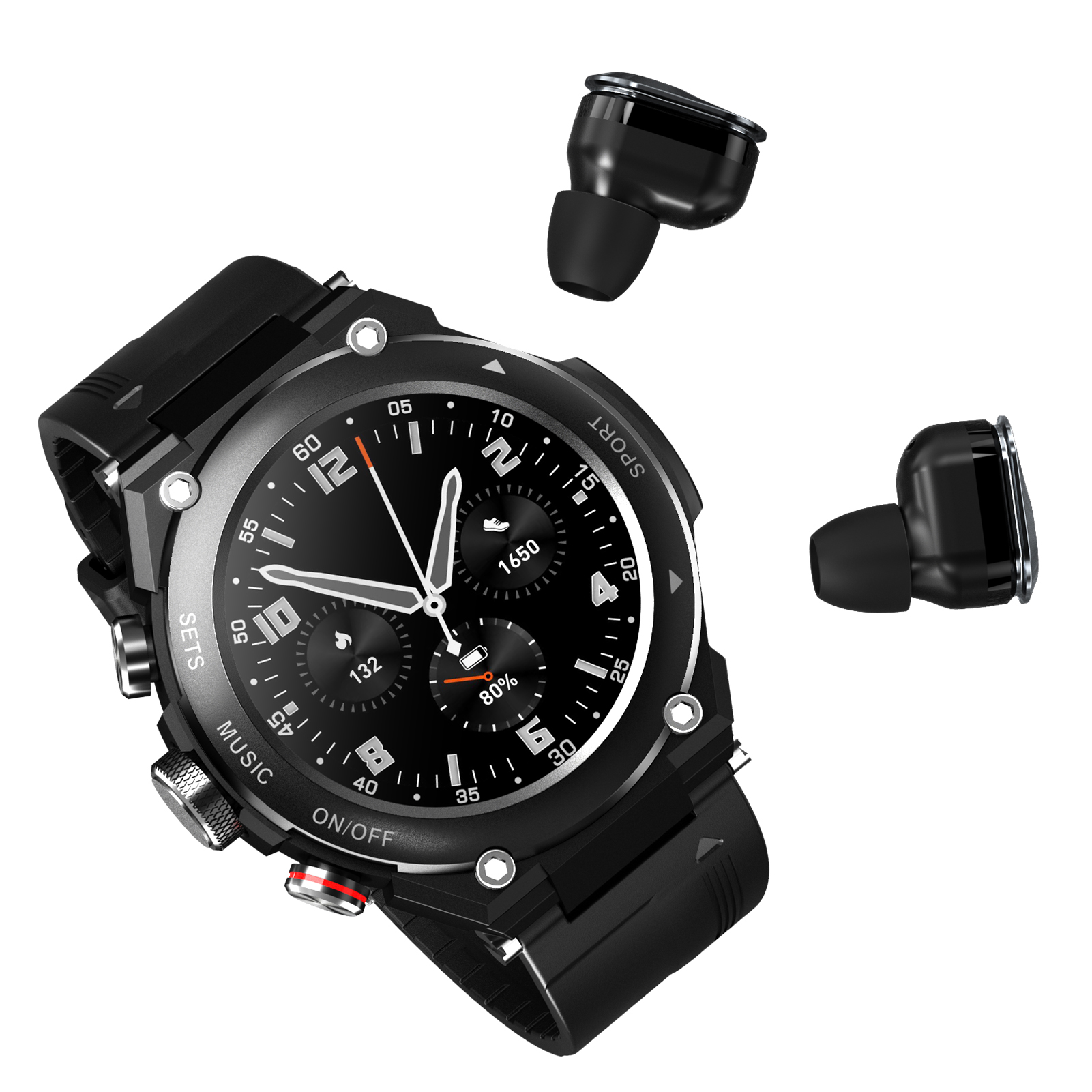 Schwarze Smartwatch mit zwei losen Ohrhörern. Die Uhr zeigt die Zeit an und hat Knöpfe. Weißer Hintergrund.