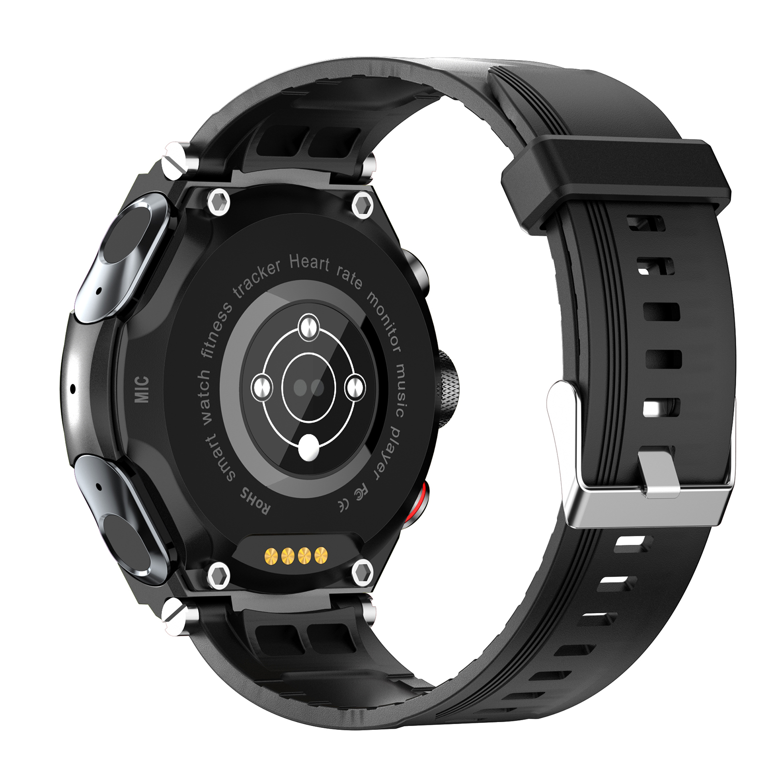 Eine schwarze Smartwatch mit schwarzem Armband, von hinten betrachtet. Rückseite mit Sensoren und Anschlüssen.