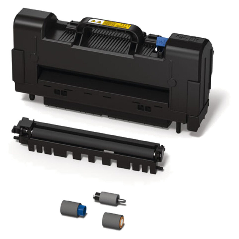 Siyah yazıcı toner kartuşu ve silindirleri beyaz yüzeyde. Bileşenler ayrılmış ve düzenlenmiş.
