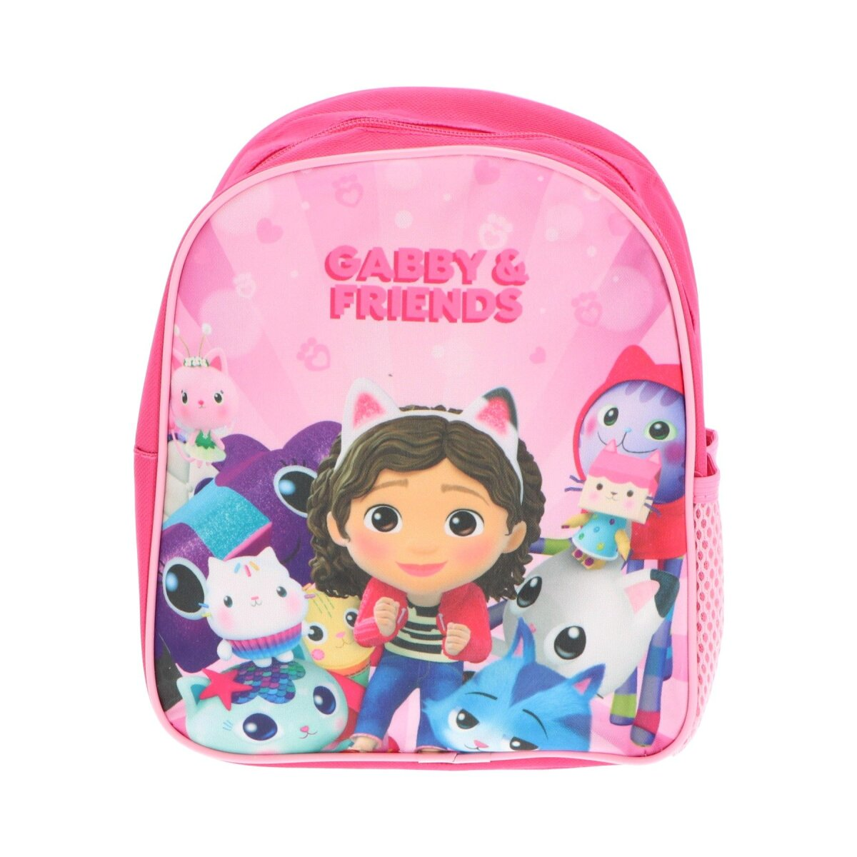 Rosa Rucksack mit 'Gabby & Friends'-Charakteren. Der Rucksack hat einen Reißverschluss, eine Seitentasche und Herzdesign.
