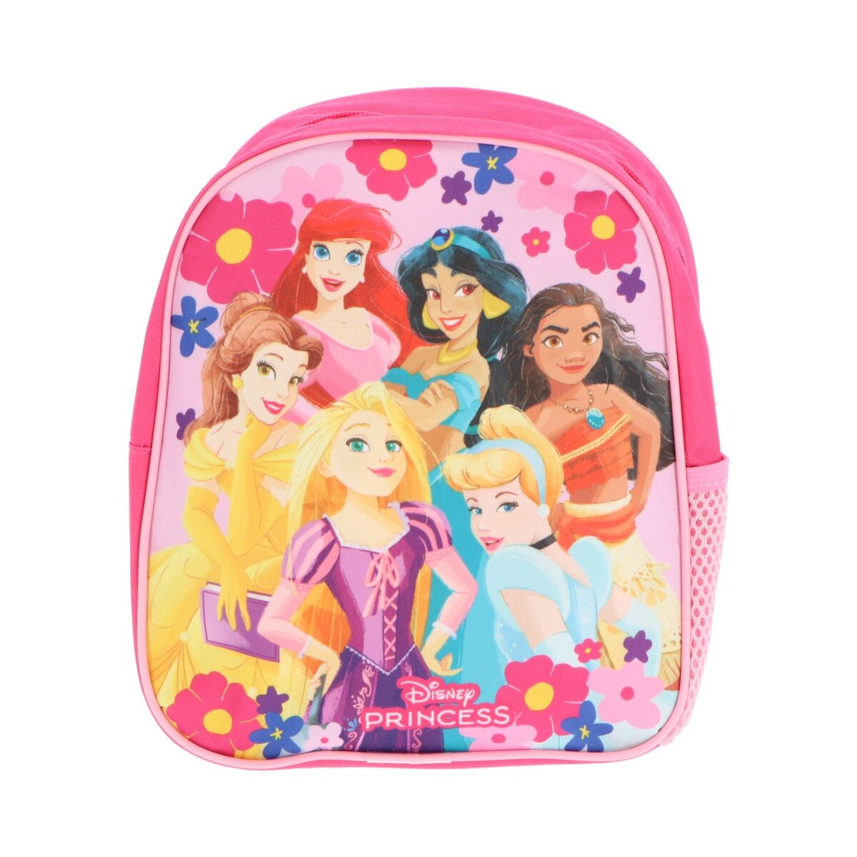Rosa Rucksack mit Disney-Prinzessinnen. Belle, Arielle, Jasmin, Vaiana, Rapunzel und Aschenputtel.