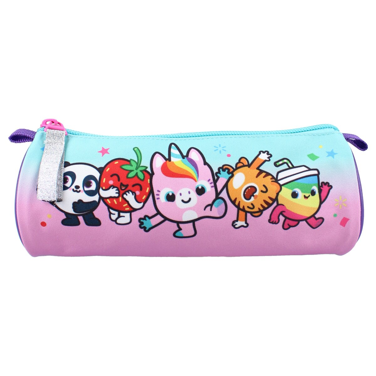 Federmäppchen mit Zeichentrickfiguren. Panda, Erdbeere, Einhorn, orange Katze und ein Getränk.