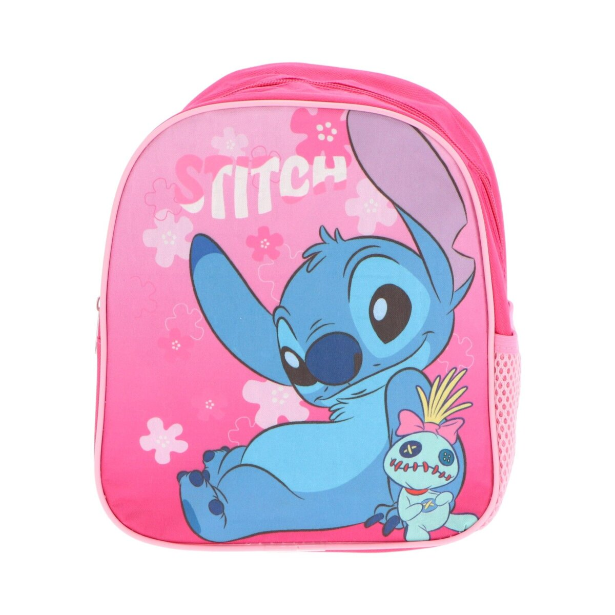 Rosa Rucksack mit Stitch aus Lilo & Stitch. Zeigt Stitch und eine kleine Puppe.