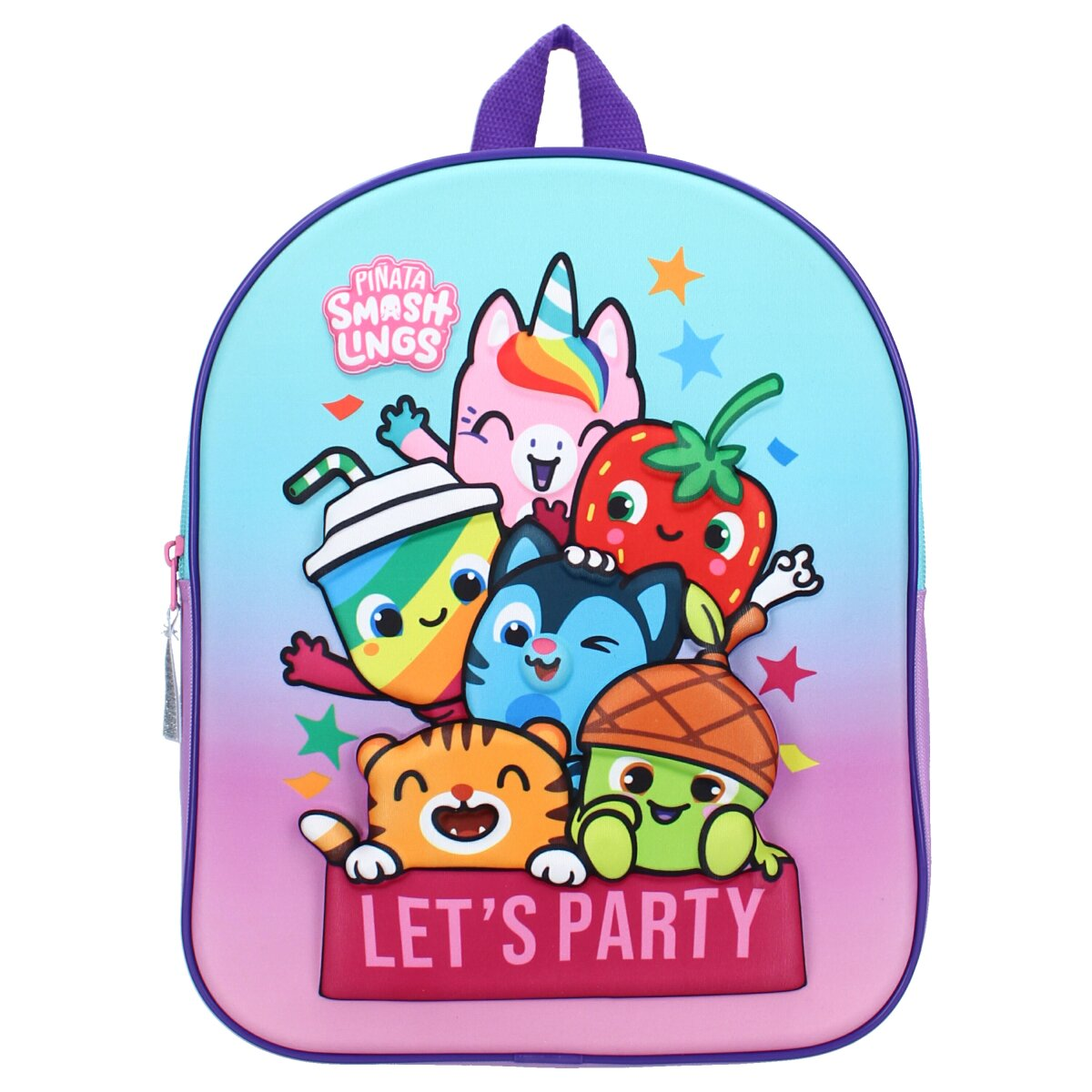 Kinderrucksack mit niedlichen Zeichentrickfiguren, darunter ein Einhorn, eine Katze und eine Erdbeere.