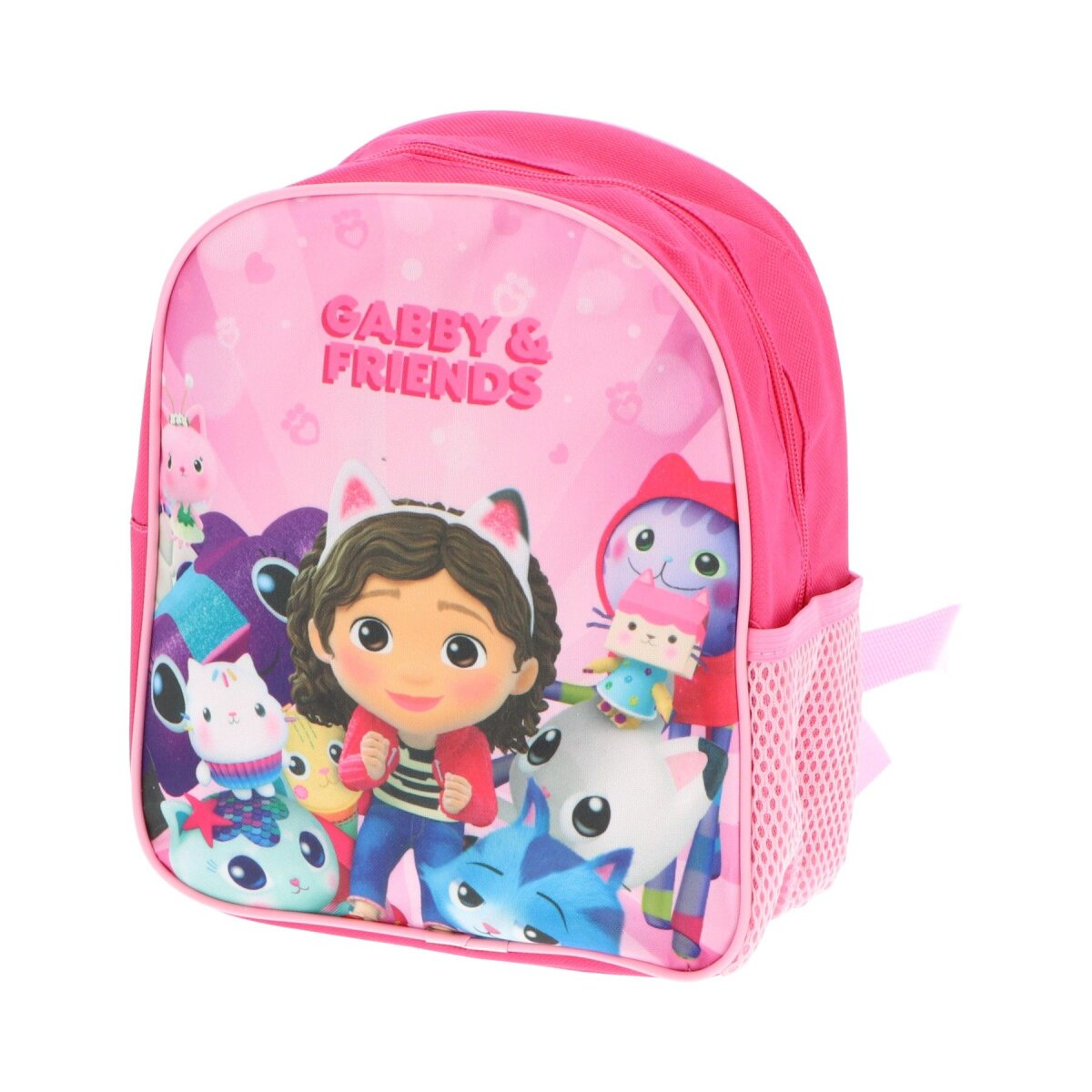 Ein rosa Rucksack mit Gabby und Friends-Cartoonfiguren auf weißem Hintergrund.