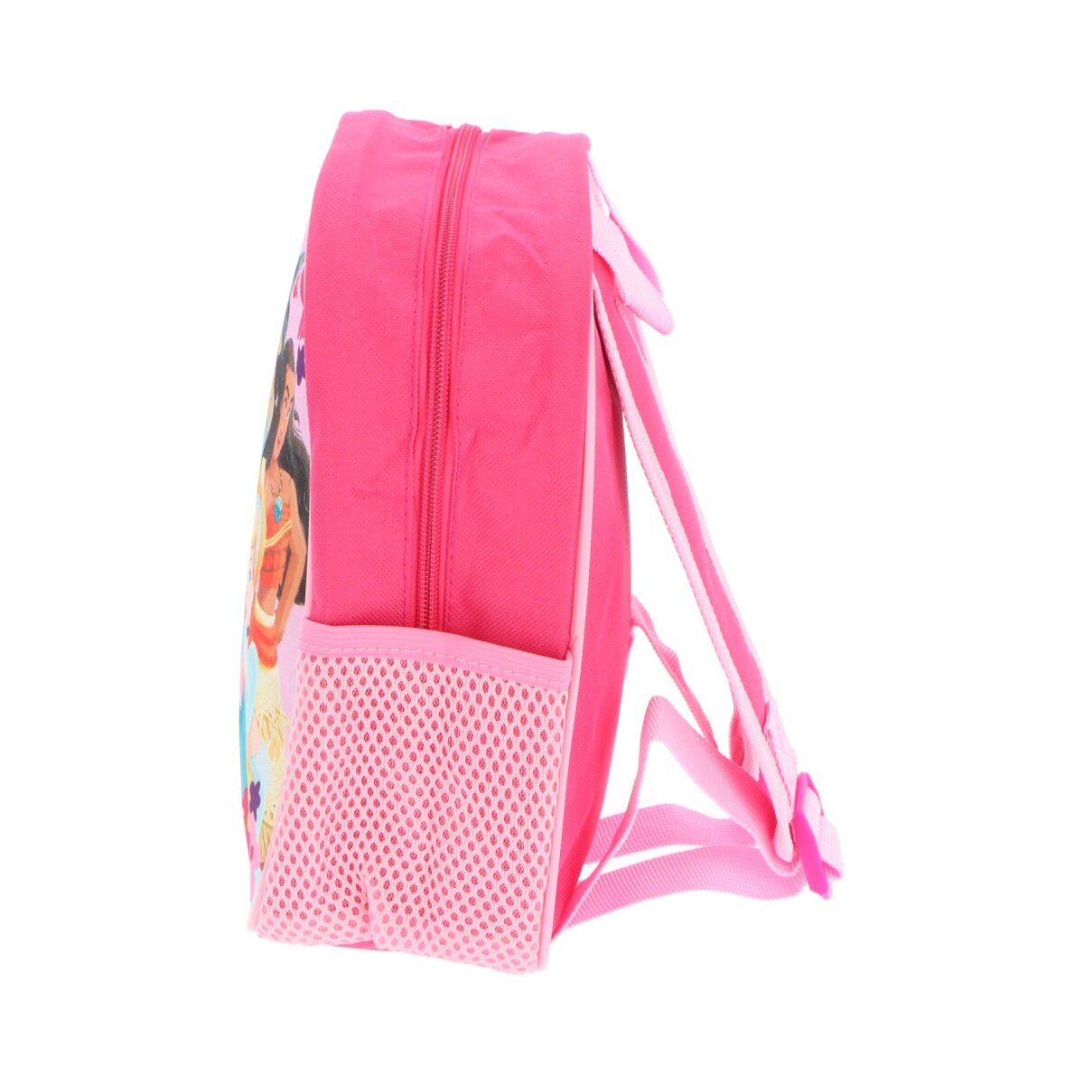 Rosa Rucksack, Seitenansicht, mit Disney-Prinzessinnen. Zeigt Vaiana, Jasmin und andere Prinzessinnen.