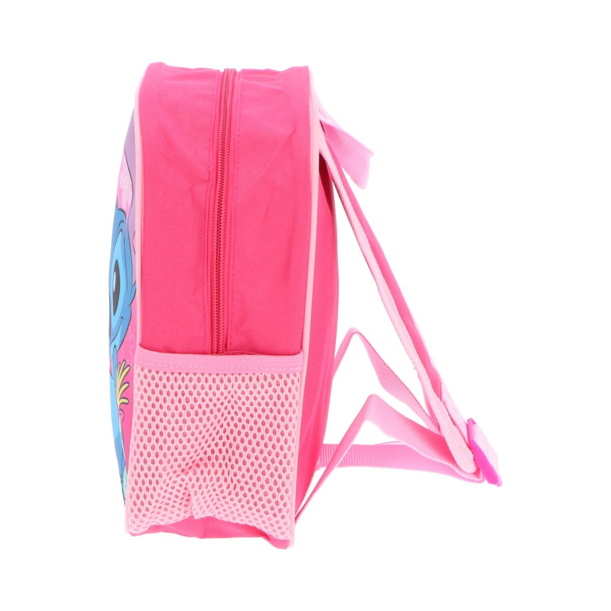 Seitenansicht eines rosa Rucksacks mit Netztasche und Zeichentrickfigur.