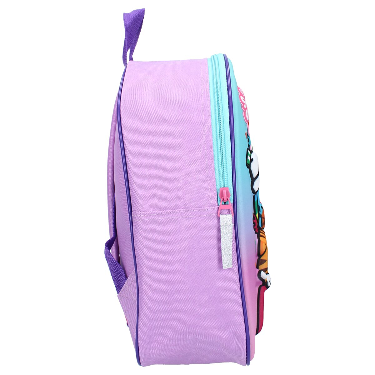 Seitenansicht eines lila Rucksacks mit Reißverschluss und Griff, mit Illustration auf der Vorderseite.
