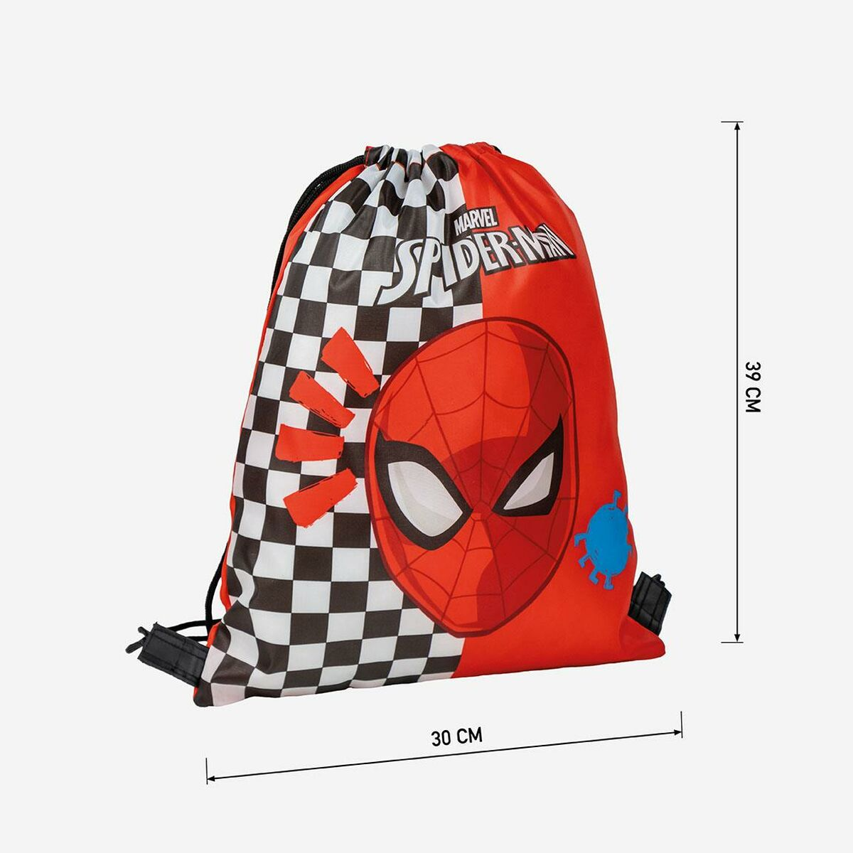 Spider-Man-Kordelzugbeutel. Hat ein Spider-Man-Gesicht und ein kariertes Muster.