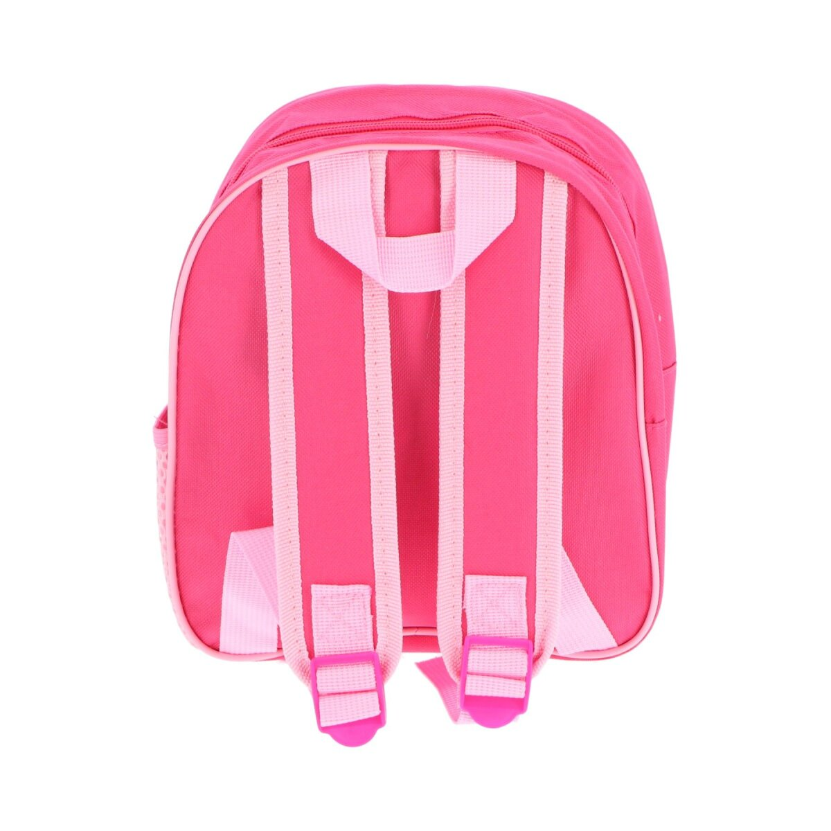 Rosa Rucksack, Träger und Schnallen sind vor weißem Hintergrund sichtbar.