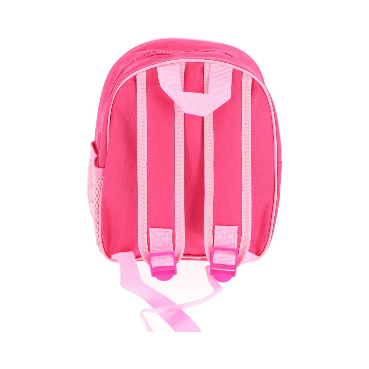Rosa Rucksack mit Trägern. Rosa mit rosa Trägern und einer Seitentasche aus Mesh.