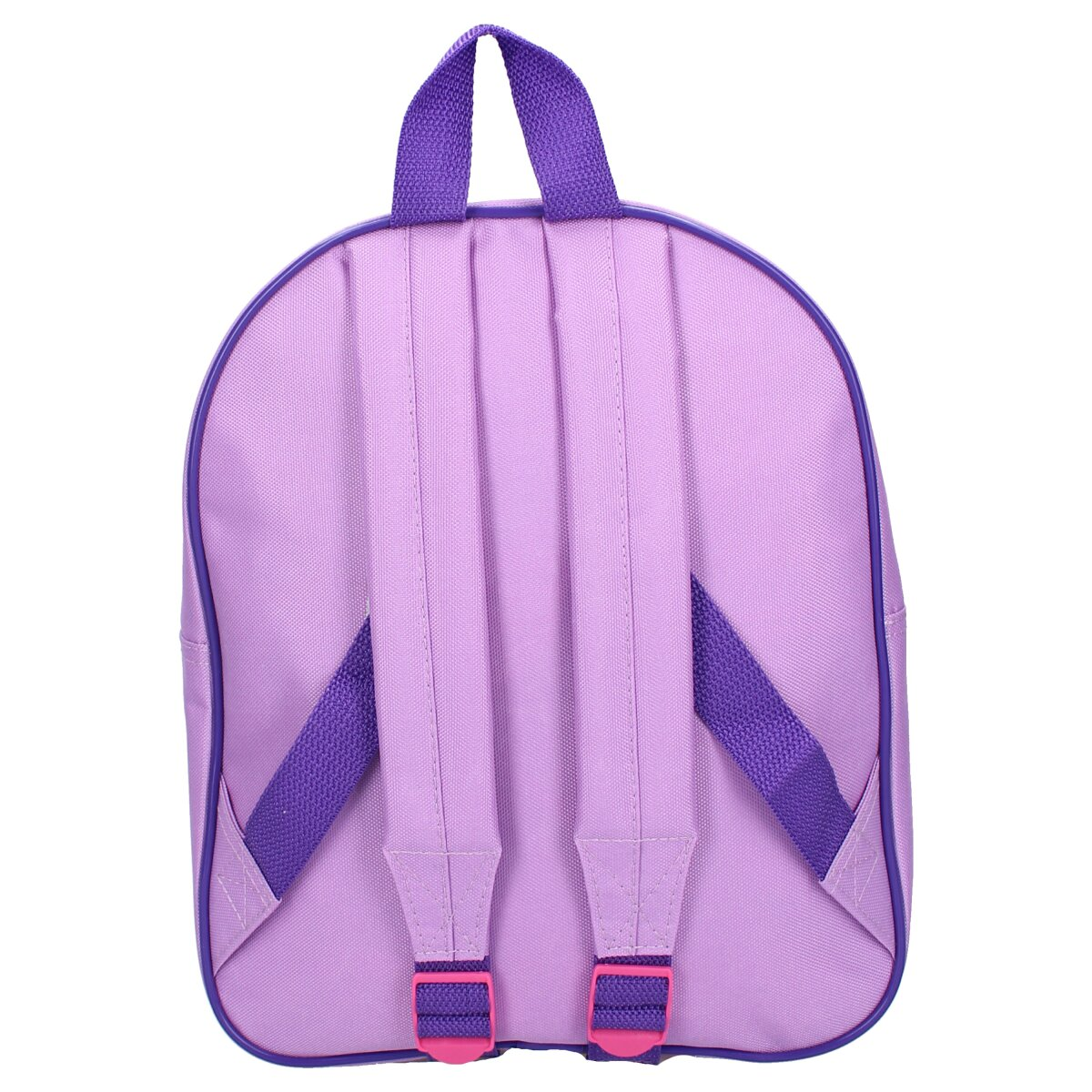 Lilafarbener Rucksack. Lila mit lilafarbenen Trägern und rosa Verschlüssen.