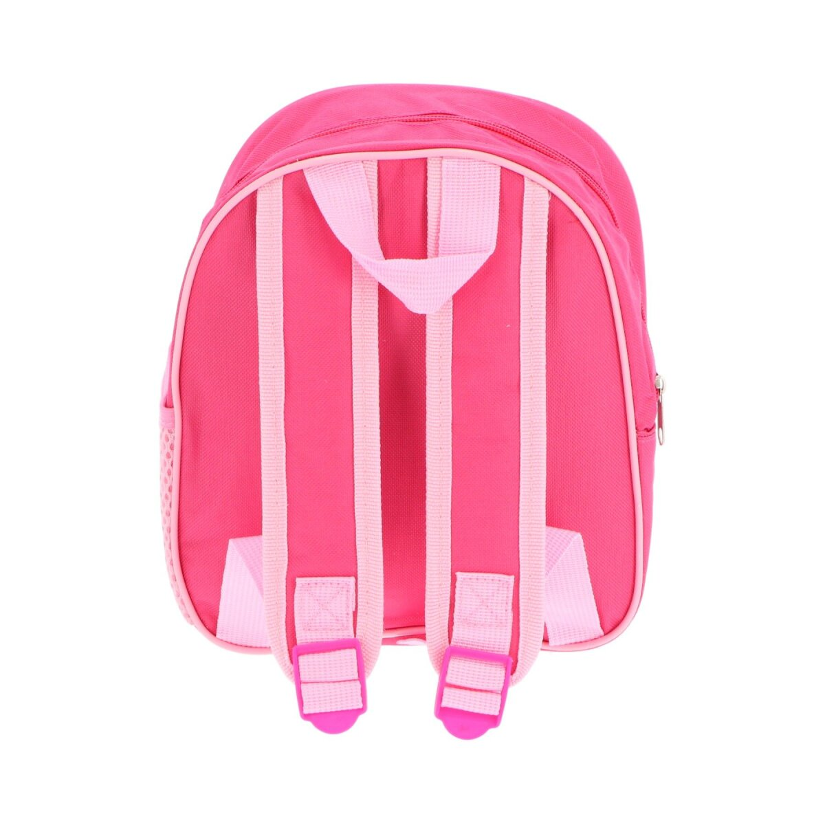 Rückansicht eines rosa Rucksacks mit Trägern und Schnallen auf weißem Grund.