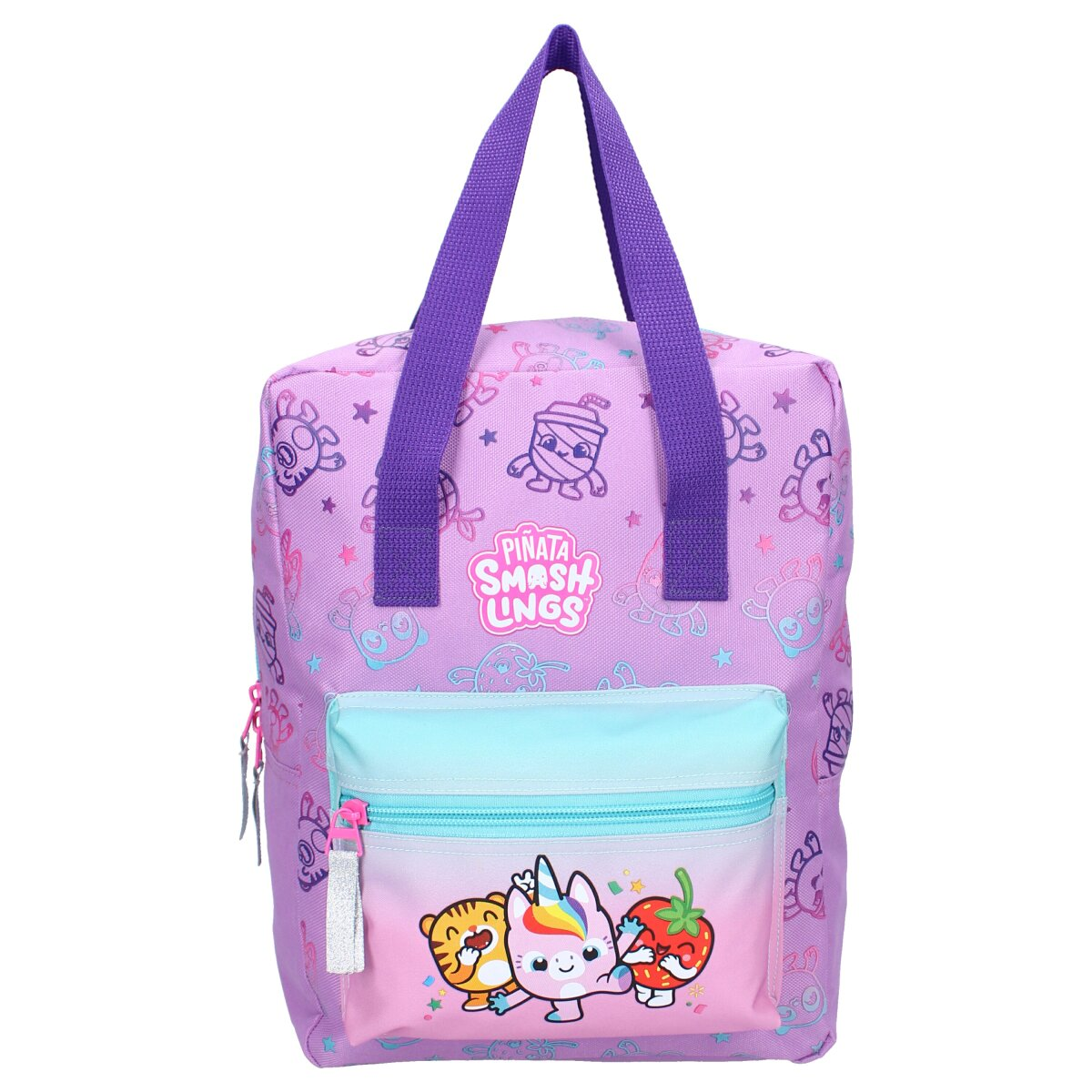 Ein lila Rucksack mit Cartoonfiguren und einer hellblauen Vordertasche und lila Trägern.