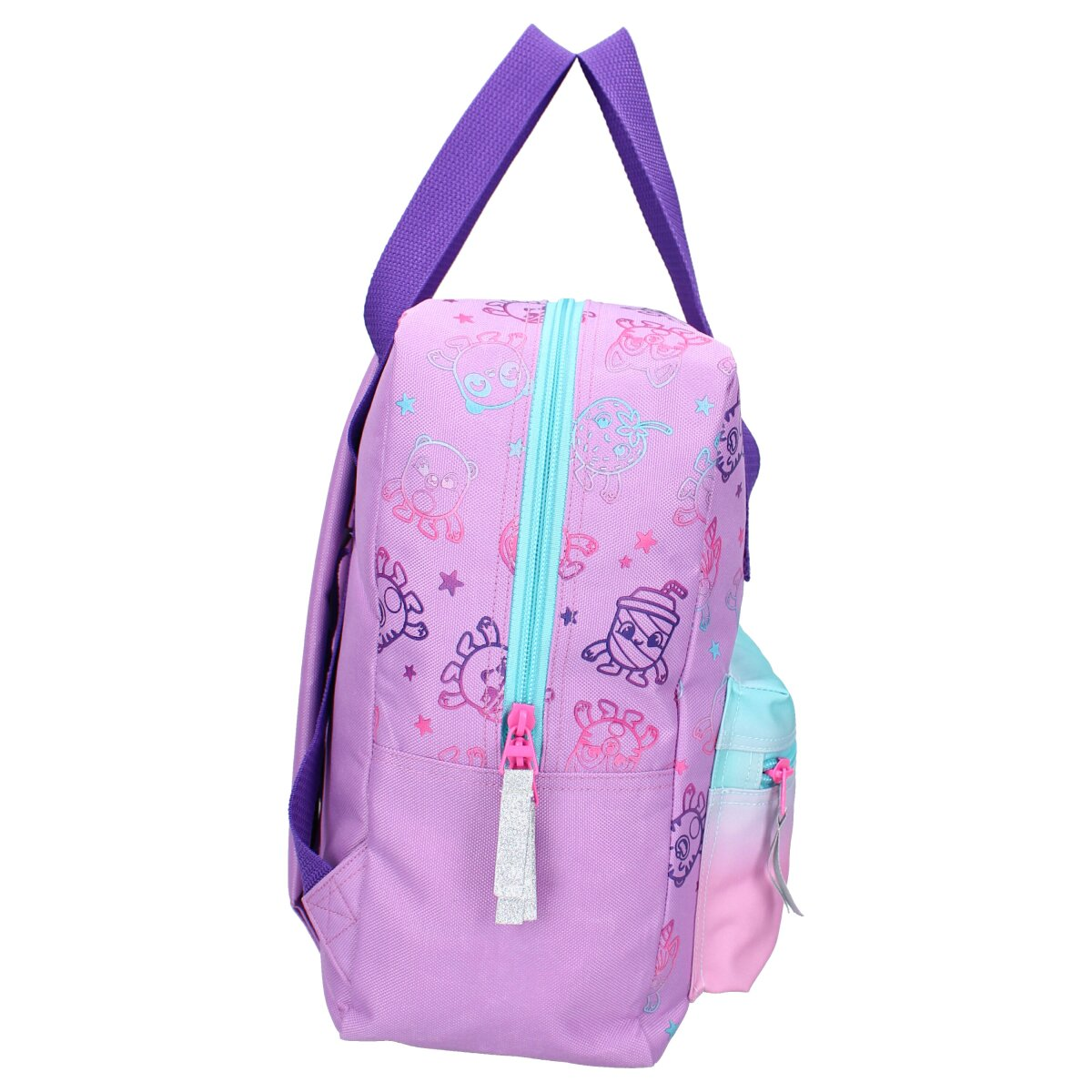 Seitenansicht eines lila Rucksacks mit Zeichentrickfiguren und einer hellblauen Vordertasche.