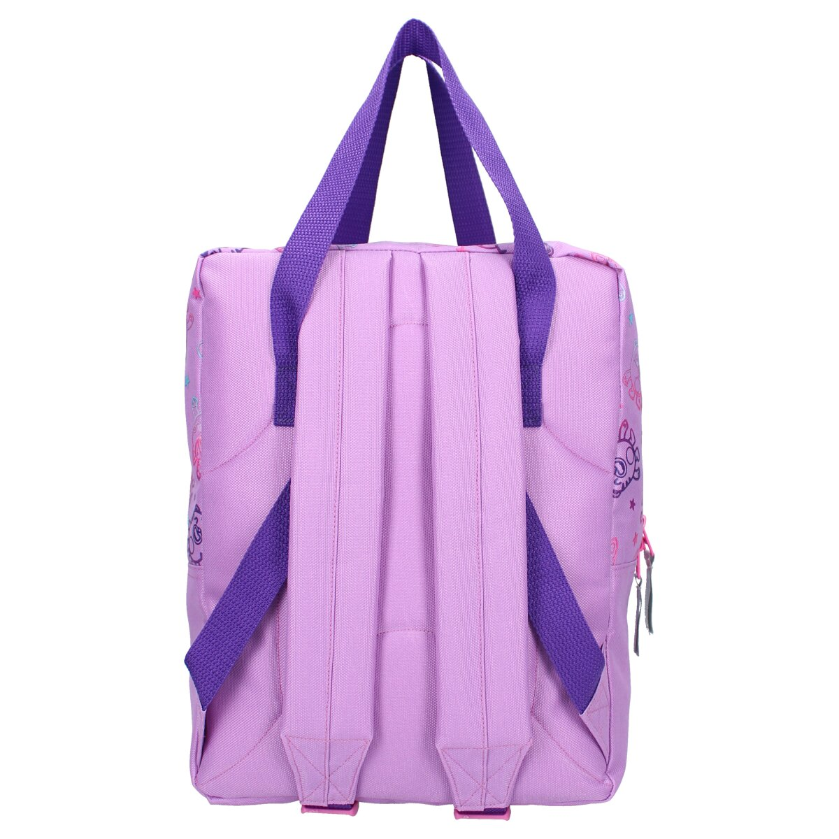 Die Rückseite eines lila Rucksacks mit Zeichentrickfiguren und lila Trägern.